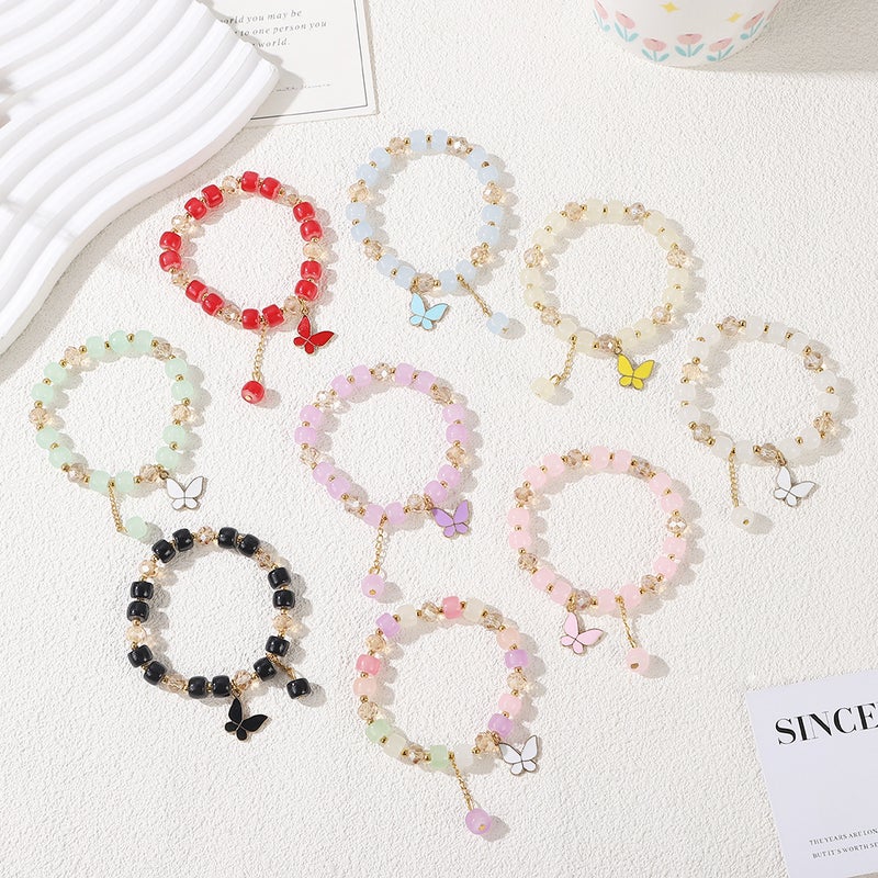 Korean Style Small Fresh Student Bracelet, Personalized Sweet Glass Beaded Bracelet, Exquisite Painted Butterfly Pendant Bracelet - Image 2